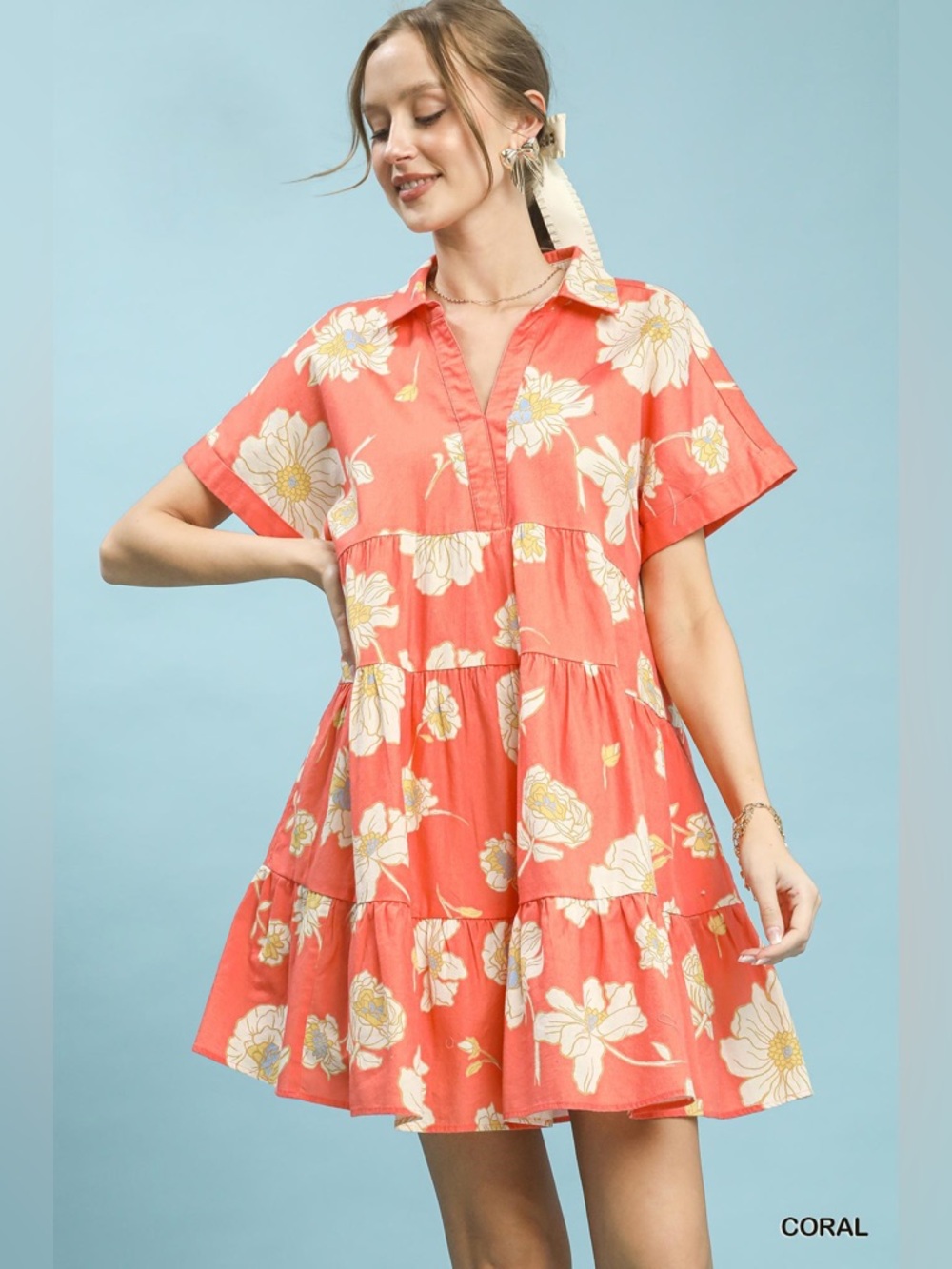Umgee Floral Tiered Collared Babydoll Dress